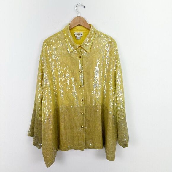 Sandy Starkman Woman’s Yellow Dip Dye All Over Iridescent Sequin Button Down Blo - Picture 1 of 7